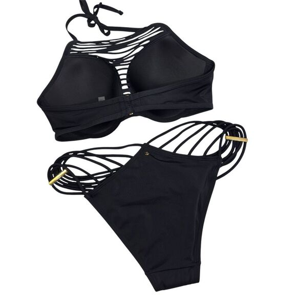 NWT VS STRAPPY PUSH UP TOP 36D & STRAPPY BRAZILIAN BIKINI BOTTOM SWIMSUIT SET XL - Picture 7 of 11